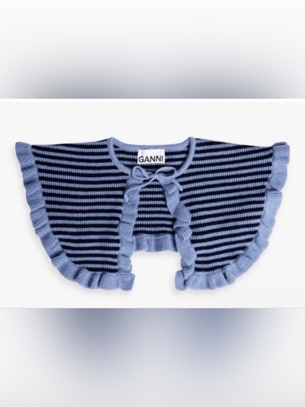 NWT GANNI Women One Size Striped Ruffled Trim Collar Wool Cashmere Sky Captain